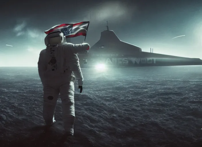 Image similar to astronaut holding a flag in an underwater desert. a submarine is visible in the distance. dark, concept art, cinematic, dramatic, atmospheric, 8 k, trending on artstation, blue, fish, low visibility, fog, ocean floor, christopher nolan, interstellar