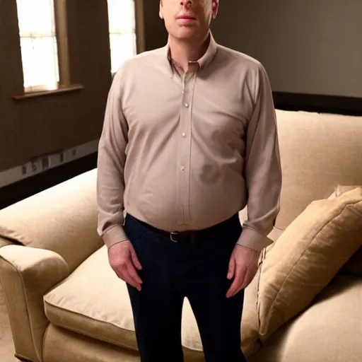 Image similar to full body photo of michael scott, mature male, mysterious face. he is sitting gracefully on a sofa, elegant slim beige shirt, tight shirt, bouncy belly