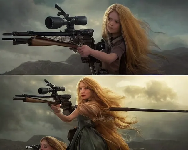 Image similar to disney princess with long blonde hair vs long barreled 9 0 sniper rifle : : weta disney pixar movie still photo : : hi - fructose, decadent highly - detailed digital painting, golden ratio, octane render, artstation, smooth, sharp focus, artgerm, mucha, loish, wlop