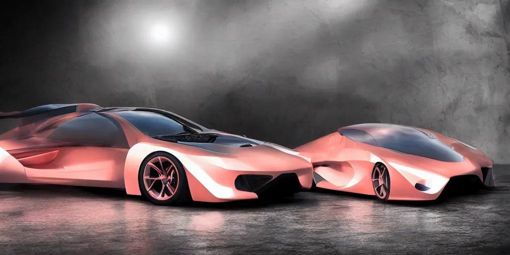 Image similar to sport car designed by sebastian luca and pablo carpio and edgaras cernikas and wang ke and damon greenhalgh, in wide view shot. blank background with some dreamy color lights.