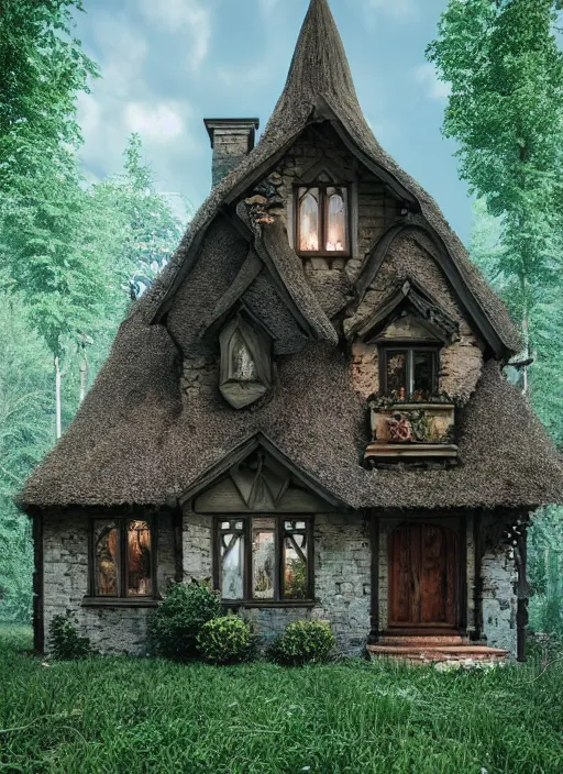 Image similar to hyper realistic homely ornate witch cottage architectural, in the woods gorgeous lighting, blue sky, highly detailed, lush forest architectural render, octane render, ue 5 raytraced