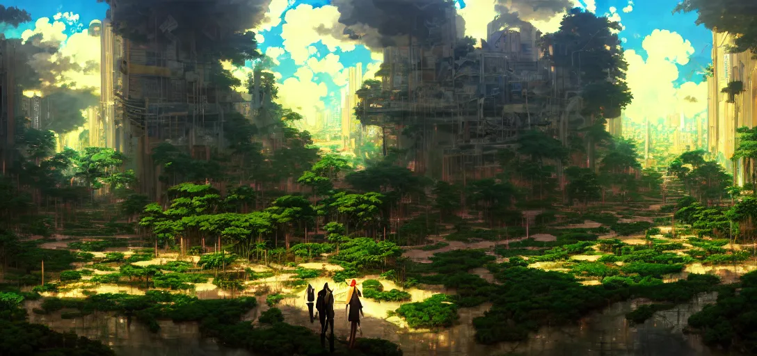 Prompt: baroque oil painting of anime key visual environment concept art of a garden of eden in a cyberpunk world, brutalist, dark fantasy, apocalyptic, rule of thirds, digital cel shading, fake hidden detail, trending on pixiv fanbox, acrylic palette knife and brush, style of makoto shinkai studio ghibli jamie wyeth james gilleard greg rutkowski