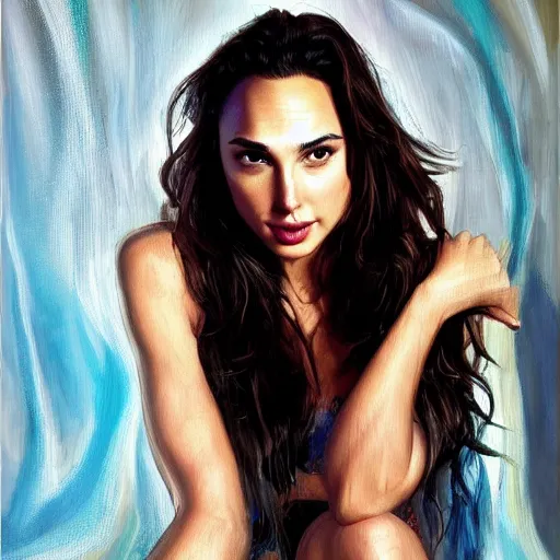 Image similar to Gal Gadot sensual painting, seductive look, realistic, beautiful