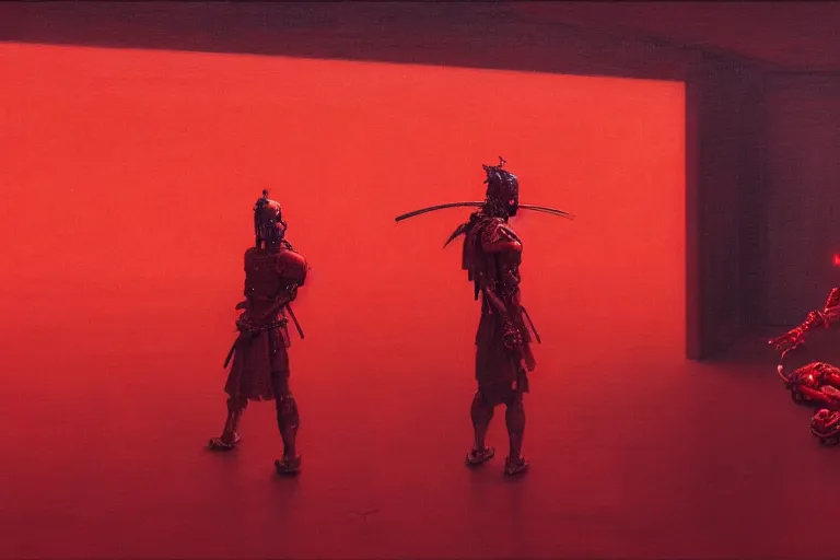 Prompt: only with red, a red cyborg samurai, tokio futuristic in background, some evil yokai fight, in the style of beksinski, parts by edward hopper, parts by rodcenko, parts by yue minjun, intricate and epic composition, red by caravaggio, insanely quality, highly detailed, masterpiece, red light, artstation, 4 k