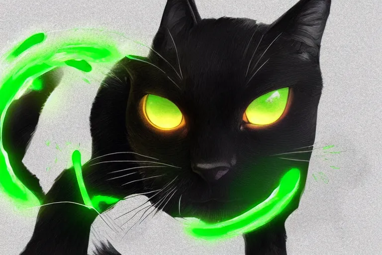 Image similar to black cat with glowing green eyes activating a human transmutation circle, digital illustration, artstation, artstation hq, hd