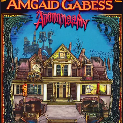 Image similar to video game box art of a commodore 6 4 game called the addams family goes to vegas, highly detailed cover art.