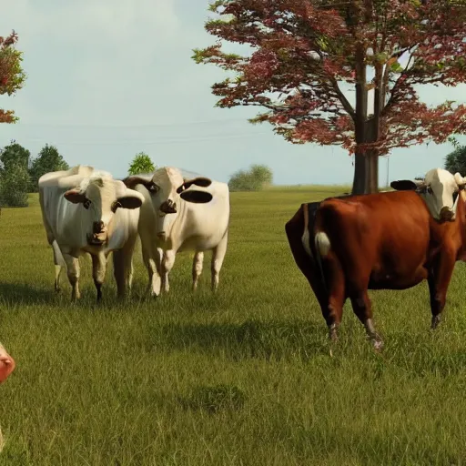 Image similar to a beautiful farm with highly evolved cyborg cows, 4 k