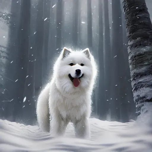 Prompt: A close up portrait of a samoyed dog in a snowy forest, an epic fantasy, dramatic lighting, cinematic, establishing shot, extremely high detail, photorealistic, cinematic lighting, artstation, by simon stalenhag, christopher nolan