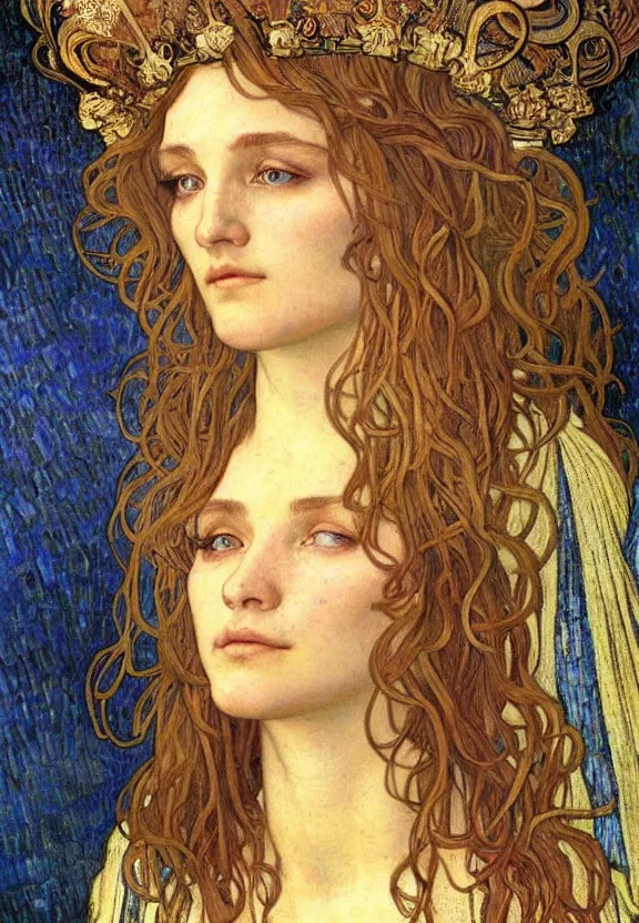 Image similar to detailed realistic beautiful young medieval queen face portrait by jean delville, alphonse mucha, vincent van gogh, and marco mazzoni, art nouveau, symbolist, visionary, gothic, pre - raphaelite