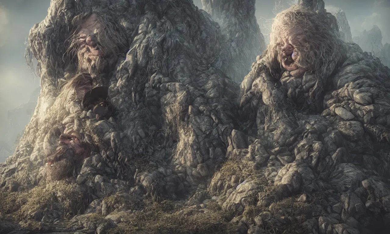 Prompt: by nadezda and david stoupakis, visually stunning, cinematic, ultra realistic, hyper realism, 1 2 k, epic, octane render, unreal engine, vfx, maya, a dwarf city built into a mountain, dwarf statue : gargantuan disappointment of crying souls