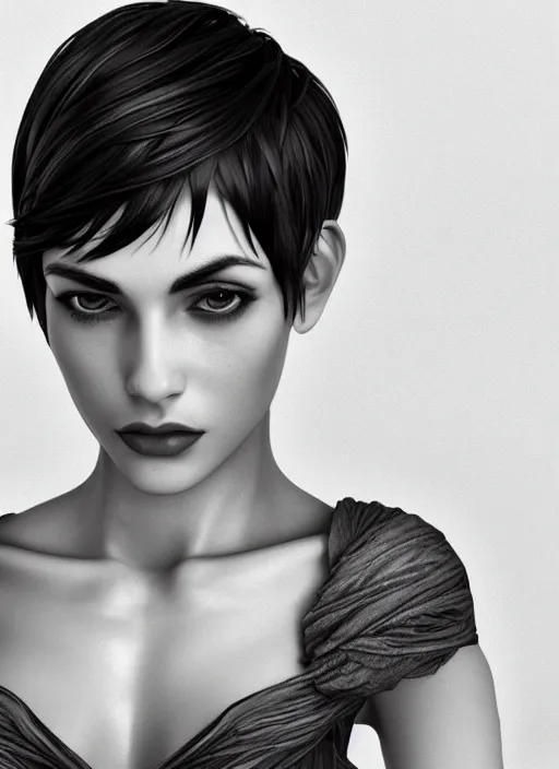 Image similar to up close portrait of a beautiful woman in black and white, photorealistic, pixie cut, intricate hair, upper body, art by diego fazio and diegoKoi and oscar Ukono, concept art, sharp focus, artgerm, 8k highly detailed