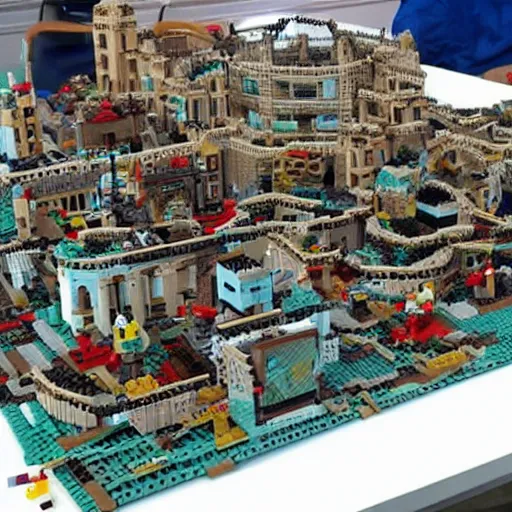 Prompt: a huge abandoned city build out of lego.