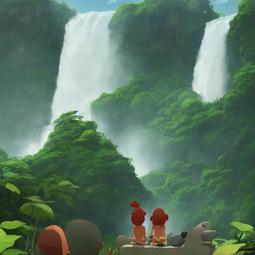 Image similar to Goro Fujita illustrating Front view of a gigantic waterfall surrounded by the Amazon, there are no animals or people, only vegetation, concept art, sharp focus, ArtStation