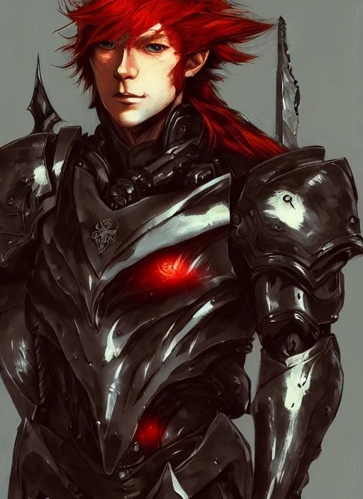 Image similar to Half body portrait of a handsome red haired elven prince with dragon eyes in light armour and a spear. In style of Yoji Shinkawa and Hyung-tae Kim, trending on ArtStation, dark fantasy, great composition, concept art, highly detailed.