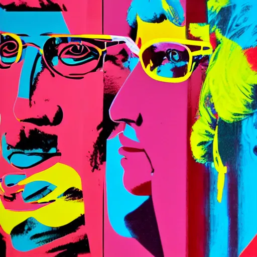 Image similar to silkscreen and lithography to create colorful cyborgs in the style of andy warhol