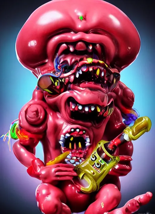 Prompt: a psychedelic hyperrealistic lowbrow oil panting of an enraged grotesque kawaii vocaloid figurine screaming red in the face lunging with rippling muscles and popping veins featured on doom eternal by aardman animation made of gigachad, 👀 👁