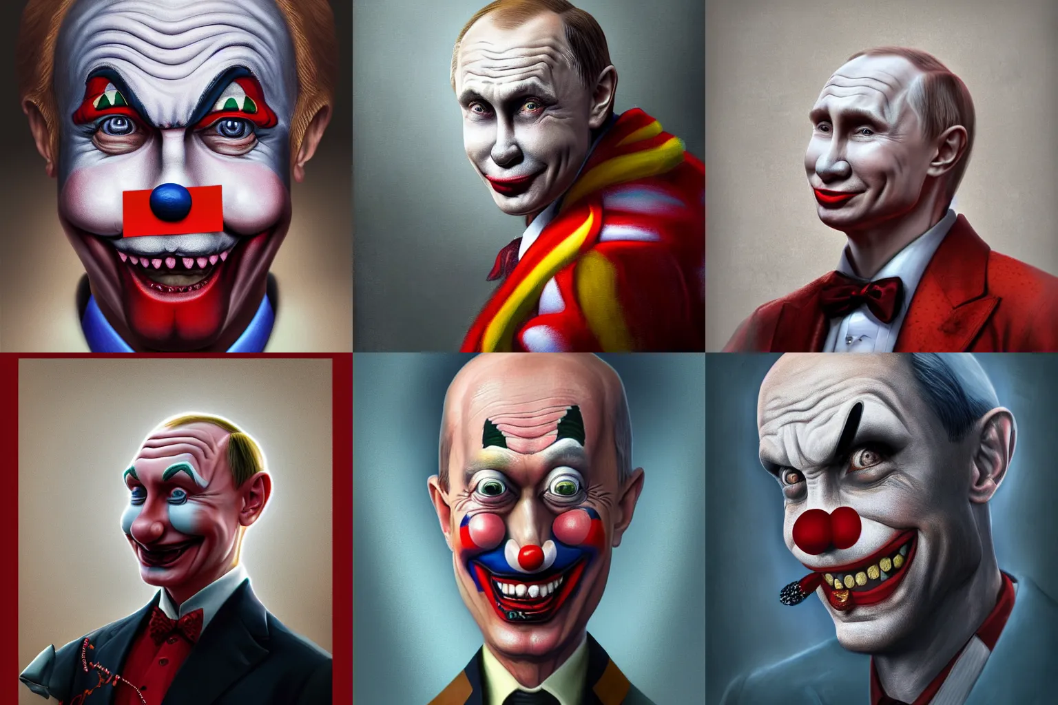 Prompt: portrait of Putin as a clown, matte painting, trending on artstation, very detailed