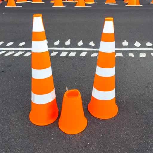 Prompt: a skeletonwith traffic - cones for hands