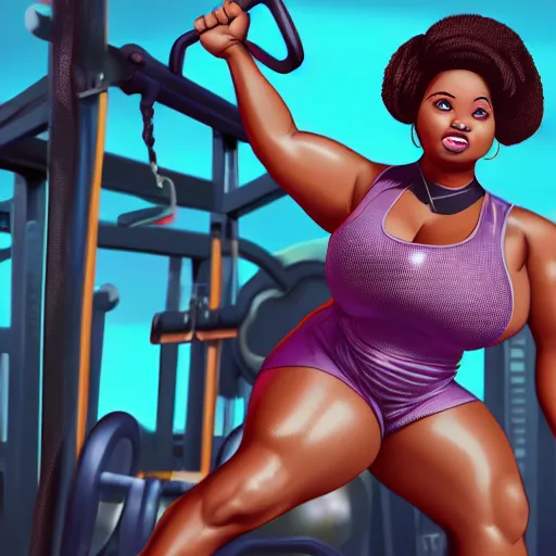 Image similar to still of black bbw woman working out, in the style of disney, comic book style, gym, highly detailed, 16k resolution, octane renderer, coherent
