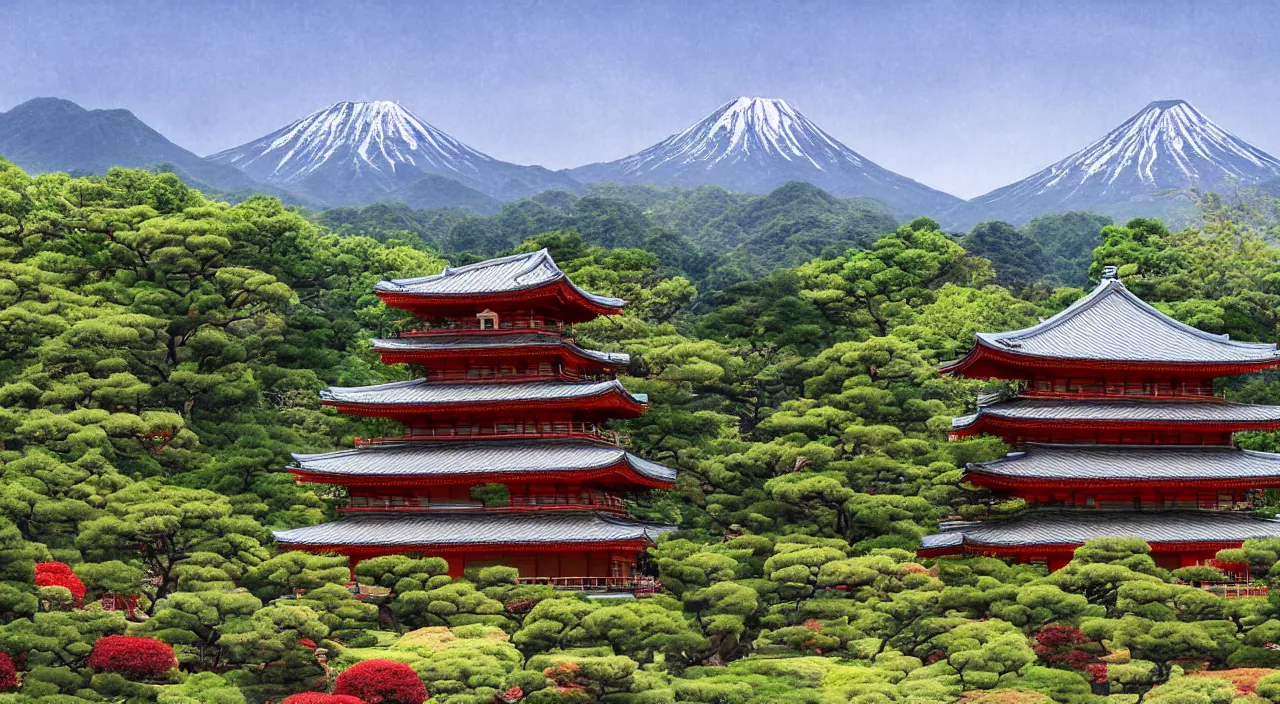 Image similar to digital art of a Japanese castle, with a garden as foreground, with mountains as background