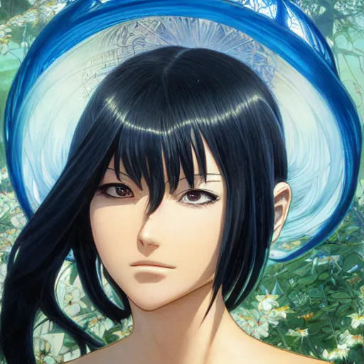 Image similar to highly detailed vfx portrait of nico robin by eiichiro oda!, makoto shinkai, alphonse mucha, art by artgerm and greg rutkowski!, backlit, harsh overhead sunlight, blue eyes!!, large aquiline nose!!, kaoru mori, best of behance, concept art, matte, sharp focus, illustration,