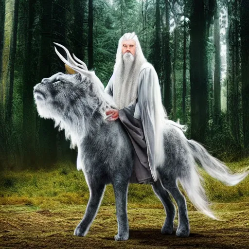 Image similar to gandalf the grey riding a giant kitten with antlers through the forest