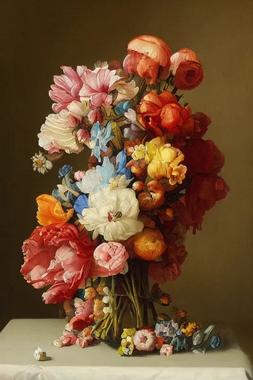 Image similar to painting of flowers in a vase on a table, a surrealist painting by rachel ruysch, trending on deviantart, pop surrealism, surrealist, biomorphic, made of flowers