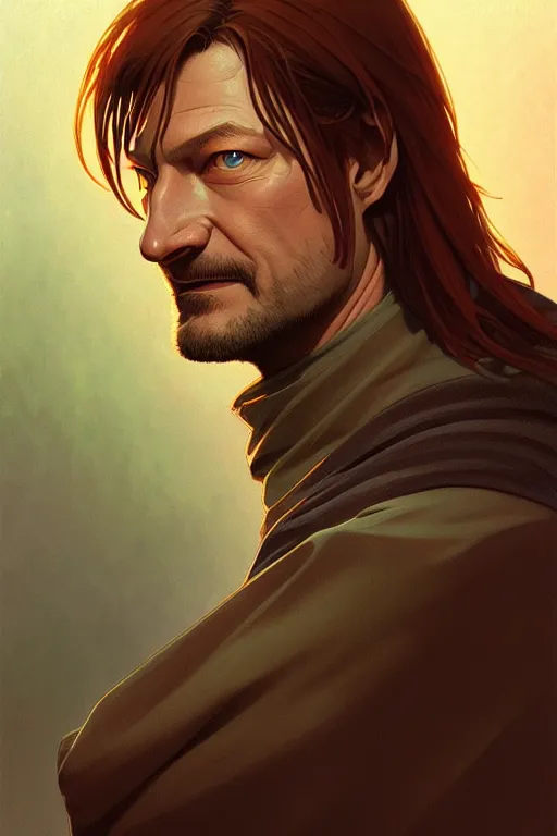 Image similar to a portrait of boromir, fantasy, sharp focus, intricate, elegant, digital painting, artstation, matte, highly detailed, concept art, illustration, ambient lighting, art by ilya kuvshinov, artgerm, alphonse mucha, and greg rutkowski