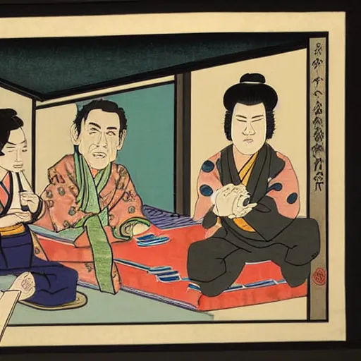 Image similar to ancient Japanese painting of Seinfeld characters in Jerry’s apartment, extremely detailed