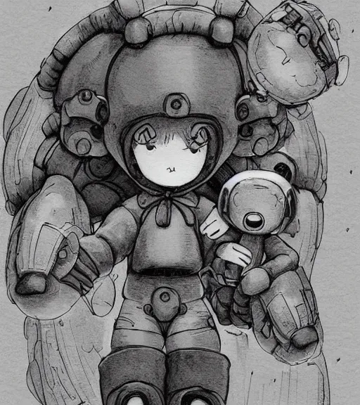 Image similar to beautiful little boy wearing an cyborg bear suit, artwork in kentaro miura and made in abyss and sakimichan, inspired in super bomberman, smooth, beautiful lightness, anatomically correct, trending on pixiv, moon