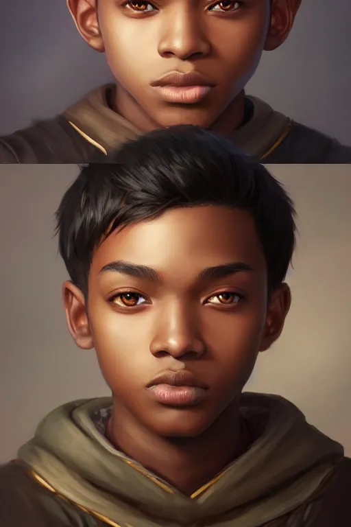 Image similar to young teenager boy with straight short brown hair, dark skin, big lips. highly detailed, d & d, fantasy, highly detailed, digital painting, trending on artstation, concept art, sharp focus, illustration, art by artgerm and greg rutkowski and fuji choko and viktoria gavrilenko and hoang lap