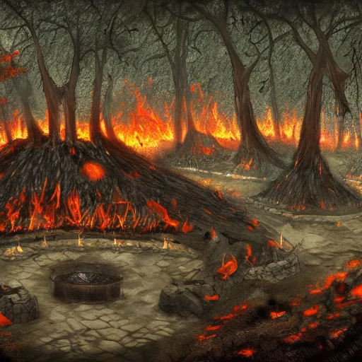 Image similar to concept art of a druidic village surrounded by trees made of obsidian and flames for leaves, dark fantasy, eerie, at dusk, slightly hazy, digital painting, large fire pit