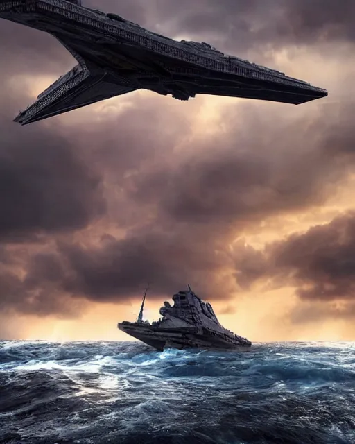 Image similar to scifi action scene of a fishing boat on stormy seas, a very large star destroyer spaceship flying overhead, the very large star destroyer spaceship is emerging from storm clouds, sunset lighting, stormy weather, dramatic lighting, unreal engine, hyper realism, realistic shading, cinematic composition, realistic render, octane render, detailed textures, photorealistic, ultrawide shot, 1 6 mm lens