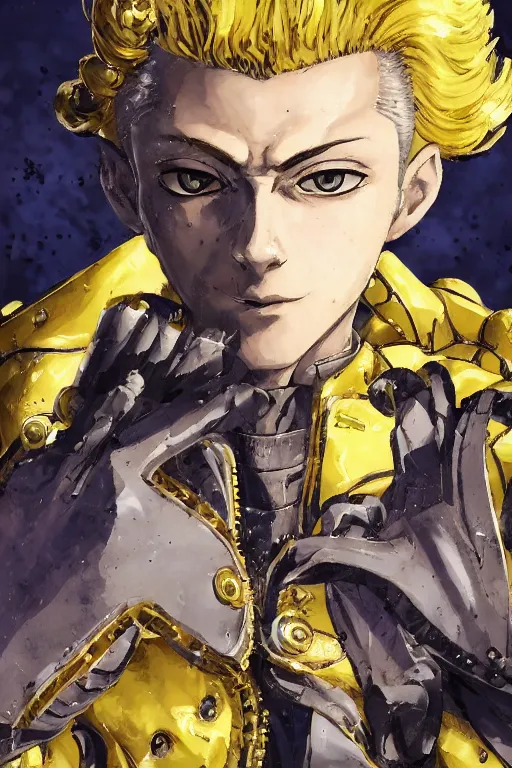 Prompt: highly detailed portrait of Giorno Giovanna with his stand Gold Experience Requiem, realistic face, proportionate face structure, magical spirits, by Dustin Nguyen, Akihiko Yoshida, Greg Tocchini, Greg Rutkowski, Cliff Chiang, 4k resolution, Nier Automata inspired, JoJo's Bizarre Adventure inspired, punk inspired, vibrant but dreary but upflifting lightning yellow, gold pink and white color scheme ((Ancient Egyptian pyramids background))