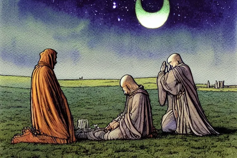 Image similar to a realistic and atmospheric watercolour fantasy concept art of a metallic ufo landing in a large stonehenge. medieval monk in grey robes on his knees praying. a crescent moon in the sky. muted colors. by rebecca guay, michael kaluta, charles vess and jean moebius giraud