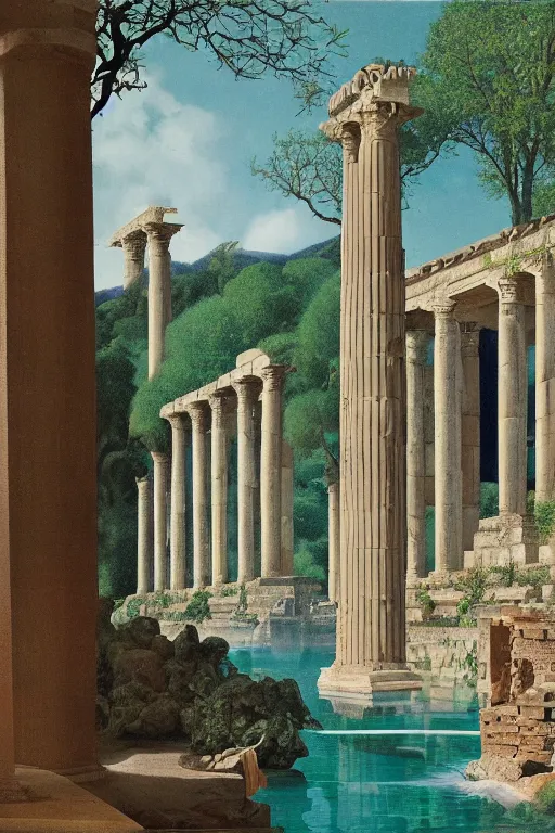 Image similar to hanging gardens of babylon, temple of artemis at ephesus, waterfalls, blooming hills with spring flowers and pillars by helen lundeberg