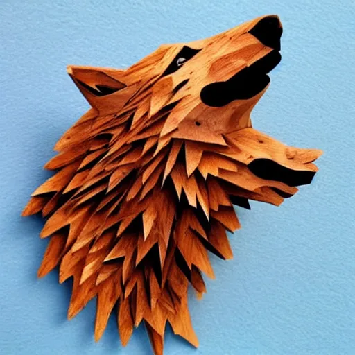 Prompt: wolf made out of wood, howling, realistic, very detailed, night sky,