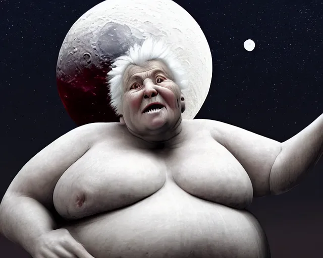 Prompt: of a very beautiful scene. ambient occlusion render. a sweet fat old woman is giving birth to the moon. hyper realistic. 4 k. wide angle. wild. symmetrical face, red mouth, blue eyes. deep focus, lovely scene. ambient occlusion render. concept art. unreal engine.