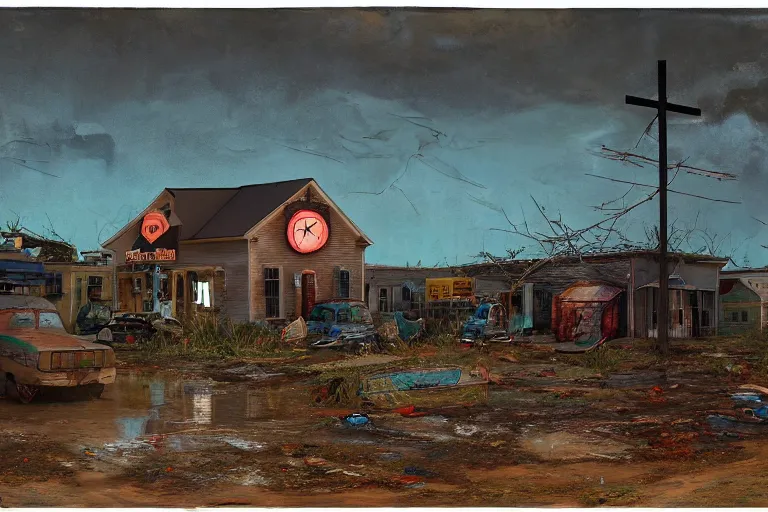 Prompt: scene from louisiana swamps, old protestant church with neon cross, junkyard by the road, boy scout troop, voodoo artwork by tim eitel