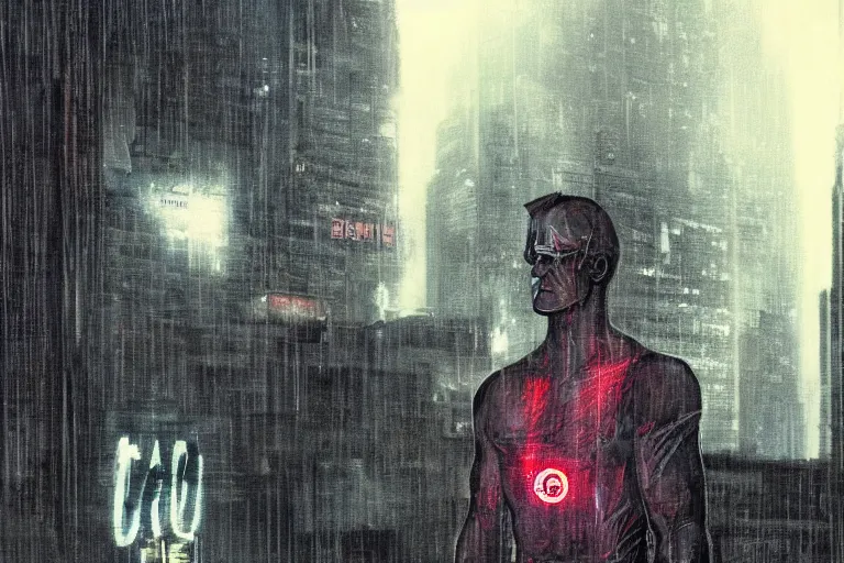 Image similar to roy batty with a bare torso sits in the lotus position with his head bowed in the rain on the roof of a building in the cyberpunk future, around neon signs, a little haze, night, realistic proportions, anime style ghost in armor