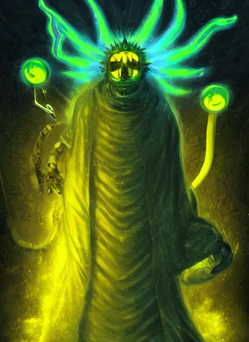 Image similar to detailed digital painting of hastur the king in yellow, dark background, volumetric lighting