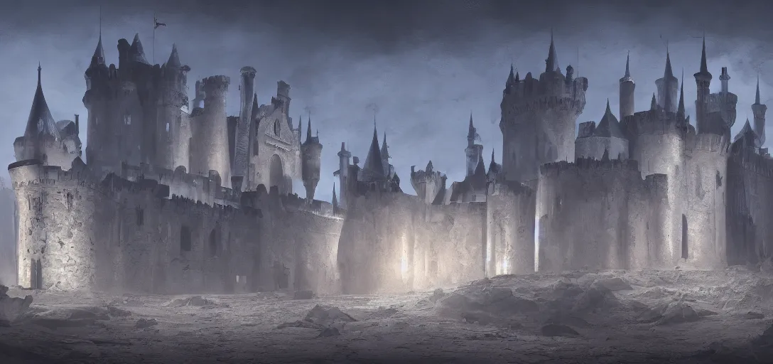 Image similar to A digital concept art painting of a dark blue medieval european ghotic castle in desert, 4K UHD image, unreal engine