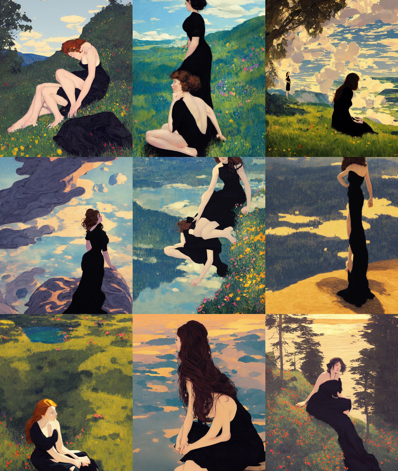 Prompt: sitting girl in black dress between clouds above american nature, lakes and forests in sunset light, portrait, elegant, intricate, digital painting, artstation, concept art, smooth, sharp focus, illustration, alphred joseph casson and Daniel F. Gerhartz and walter everett and gustav klimt