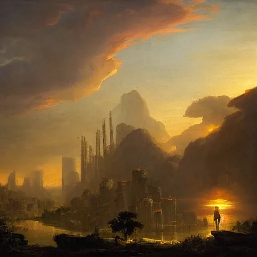 Image similar to vista of a city at sunset, the city is a sprawling renaissance city that is built in the hills of a bay amidst cyclopean tombs and overgrown by the rainforest, rpg, hubert robert, cityscape, vista, dying earth, gene wolfe