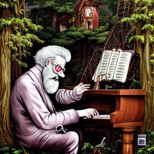 Image similar to old man white beard playing a synthesizer in a tree house, notes and clefs listening , lowbrow surrealistic, in the style of Mark Ryden,