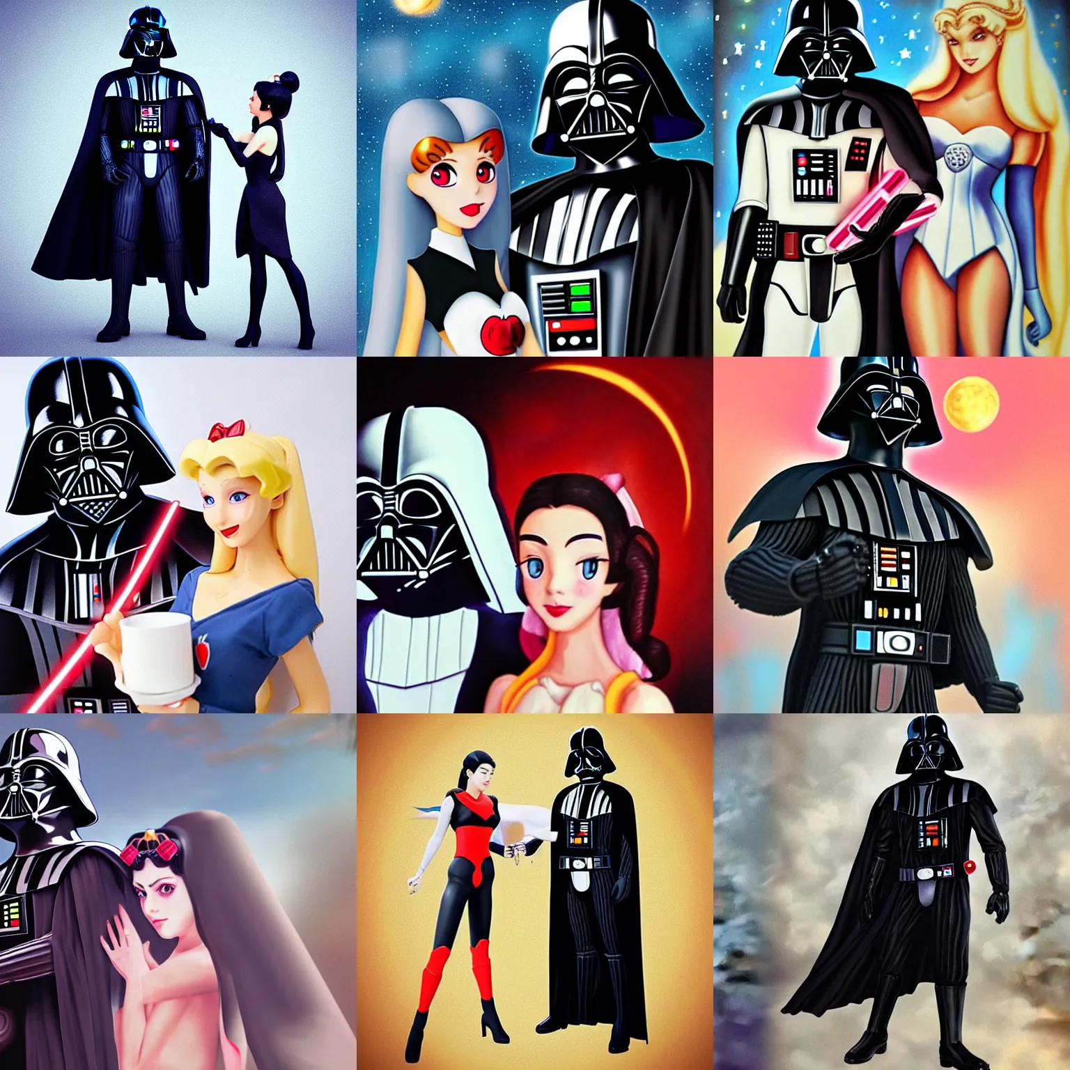 Prompt: darth vader going on a date with sailor moon, painting, picture, realistic, 3 d, render, high quality, detailed