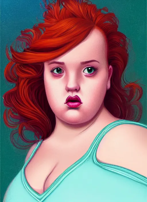 Image similar to full body portrait of teenage cheryl blossom, obese, bangs, green eyes, sultry expression, red hair, sultry smirk, bangs and wavy hair, pink skirt, fat, intricate, elegant, glowing lights, highly detailed, digital painting, artstation, concept art, smooth, sharp focus, illustration, art by wlop, mars ravelo and greg rutkowski