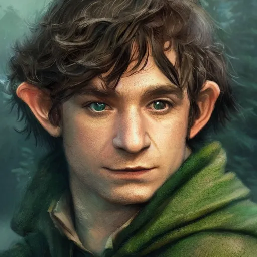 Prompt: a portrait of a handsome hobbit rogue wearing a dark green hood and a cloak in the forest, wearing adventure gear, holding a sword, ultra realistic, detailed, masterpiece, short brown hair, clean shaven, by Tony Sart and Randy Vargas and Greg Rutkowski, trending on ArtStation