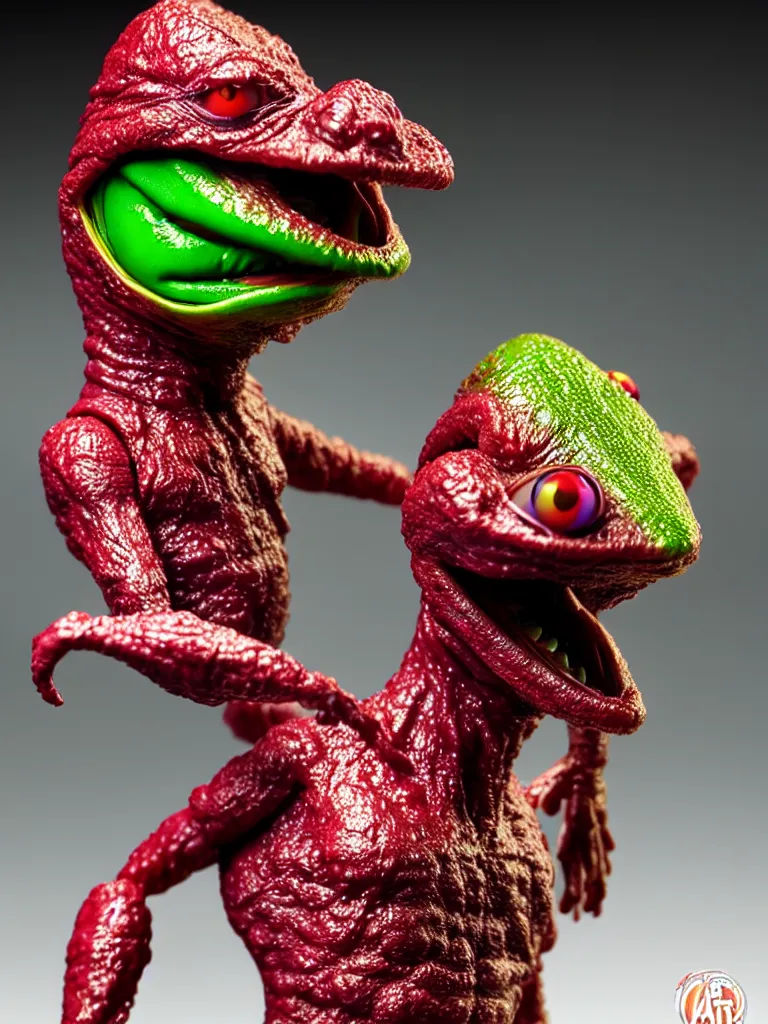Image similar to hyperrealistic rendering, shiny wet kermit by art of skinner and richard corben and jeff easley, product photography, action figure, sofubi, studio lighting, colored gels, rimlight, backlight