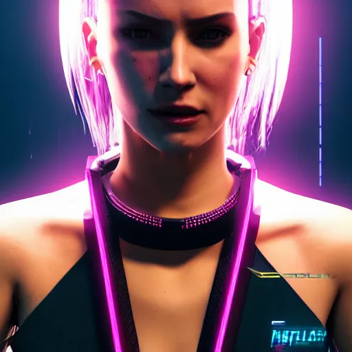 Image similar to female V from Cyberpunk 2077 wearing spiked black collar around neck, realistic, art, beautiful, 4K, HD, collar, choker, collar, choker,